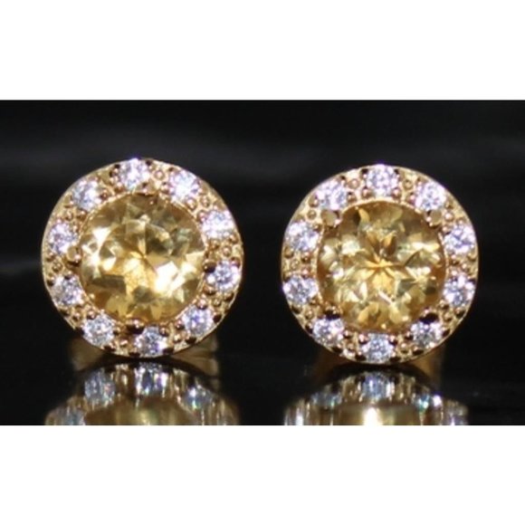 Bright Round 2.00 Carat Golden Citrine Halo Earrings - 14kt Gold Overlay Sterlin - Picture 1 of 6